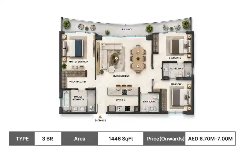 Danube Shahrukhz Residences 3 BR floor plan, 1446 sq ft area