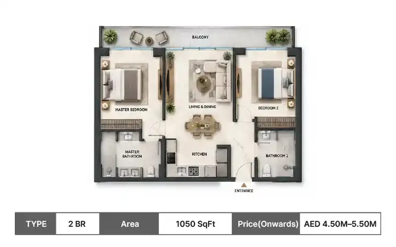 Danube Shahrukhz Residences 2 BR floor plan, 1050 sq ft area